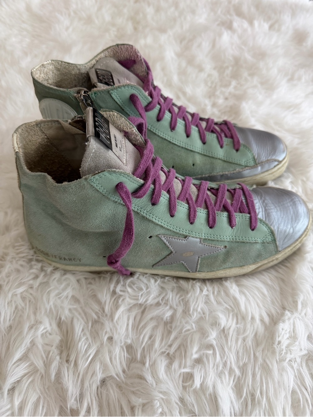 Golden Goose Francy High Top Sneakers
GGDB Mint Green Silver Purple Size 39 US 9